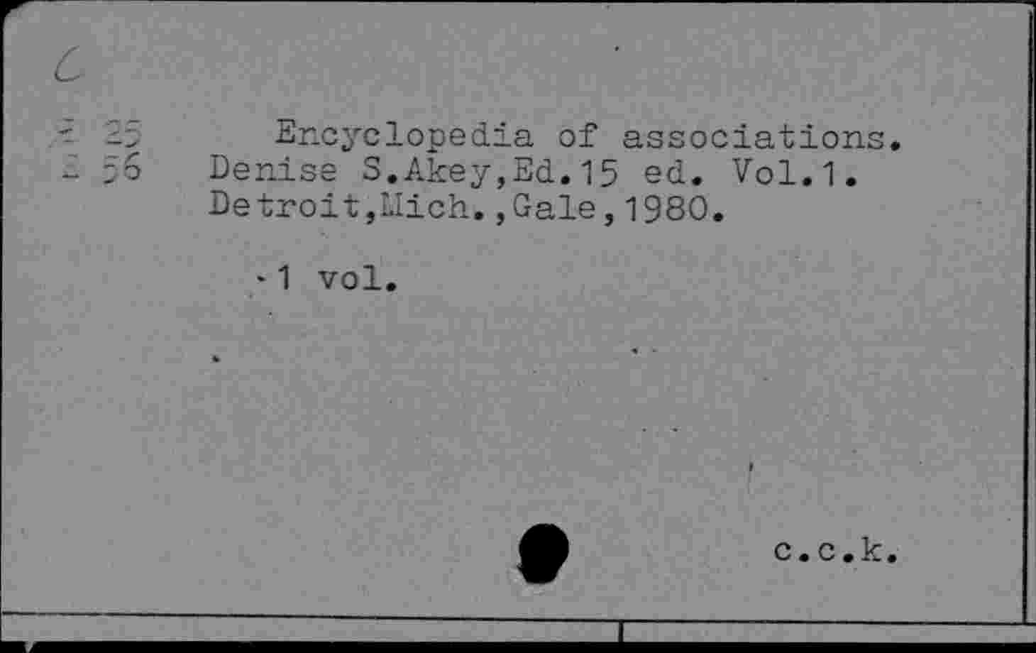 ﻿Encyclopedia of associations. Denise S.Akey,Ed.15 ed. Vol.1. Detroit,Mich.,Gale,1980.
-1 vol.